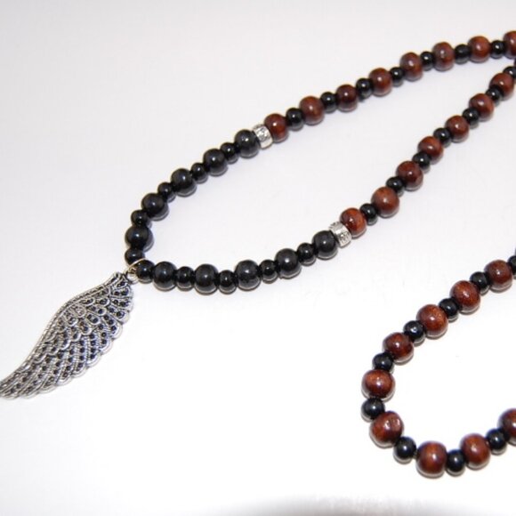 Angel Wing Necklace,Wood Necklace,26 inches,8mm Wooden Beads - Picture 3 of 4
